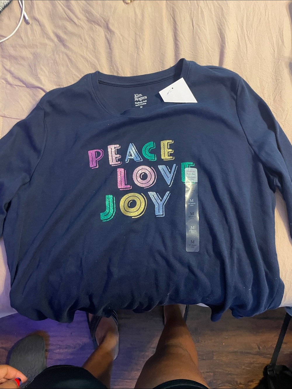 Kim Rogers Navy Long-Sleeve Tee with Colorful "Peace Love Joy" Graphic
